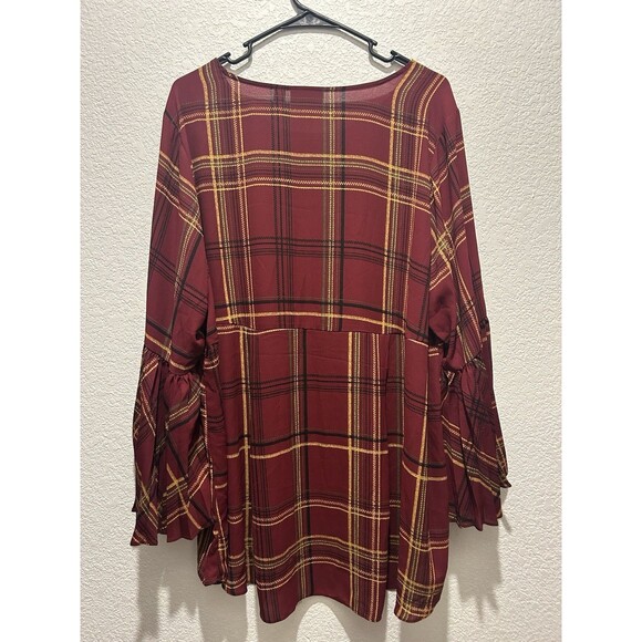 Susan Graver Blouse Top Size 22W Red Black Plaid Long Flutter Sleeves Business - Picture 2 of 7